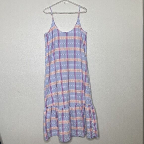 Ann Taylor LOFT Midi Dress Sz Large Pastel Plaid Sleeveless Shift Ruffle Spring - Picture 8 of 8